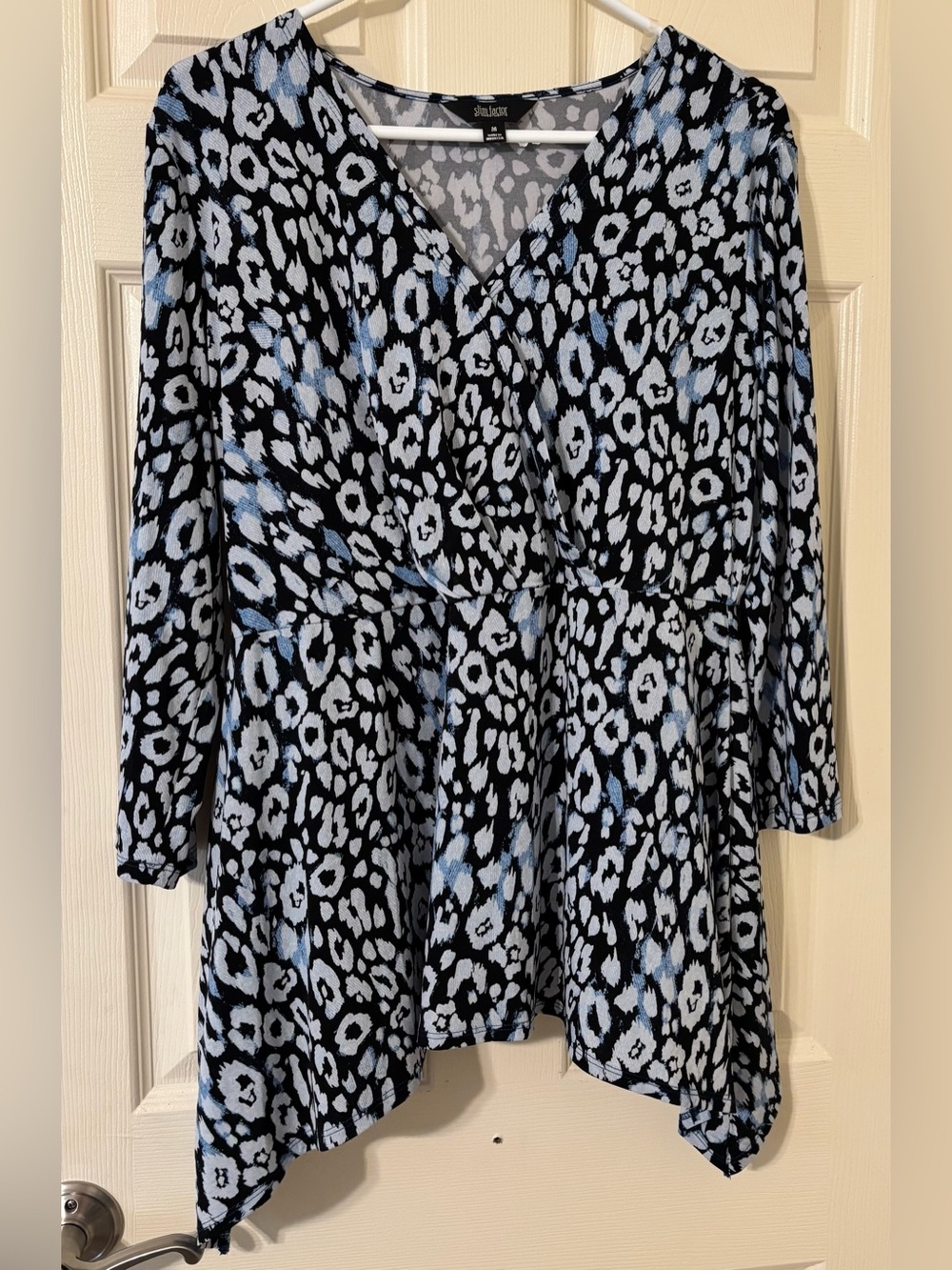 Investments Black and Light Blue Animal Print Wrap Blouse